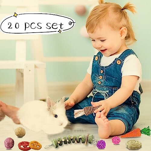 Toddler in denim overalls playing with a white rabbit and toy set indoors.
