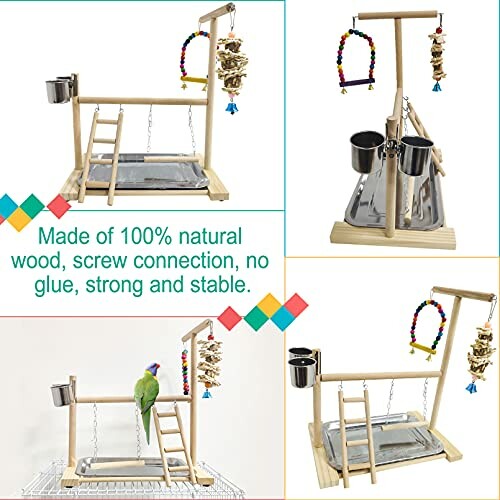 Wooden bird playground stand with ladders, swings, and food cups.