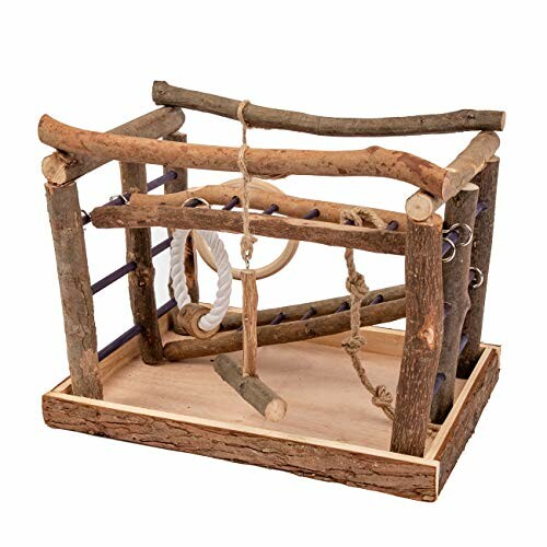 Wooden bird playground with ropes and perches.