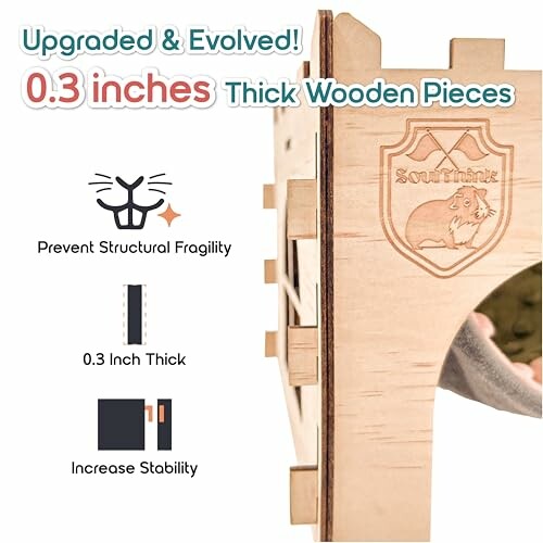 Thick wooden pet house structure with 0.3 inches thickness for stability.