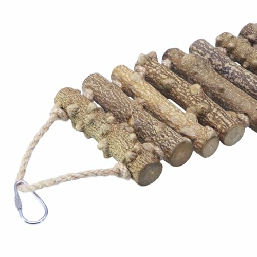 Wooden ladder bridge for pets with rope and carabiner.