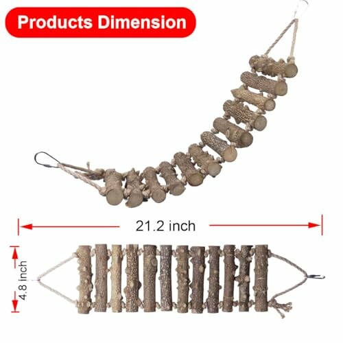 Wooden rope bridge with dimensions shown.